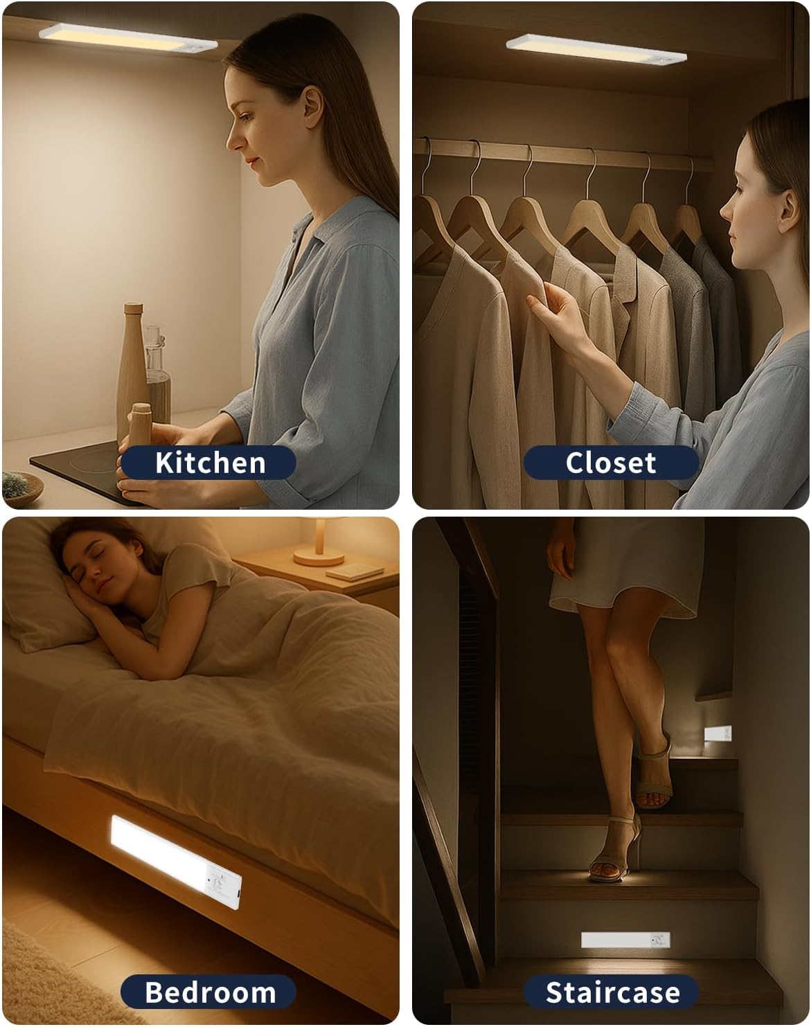 FBY Under Cabinet Lights, Auto Shutoff Motion Sensor for Stairways and Hallways, Rechargeable Battery Powered LED Safe Lighting