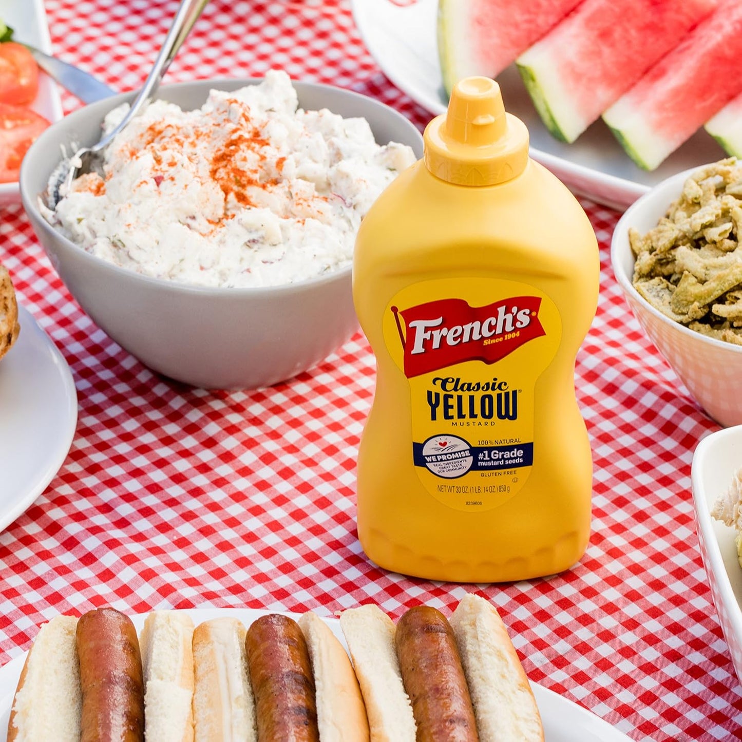 French's Classic Yellow Mustard, 30 oz – Allergen-Conscious Condiment Safe for School Lunches and Family Gatherings