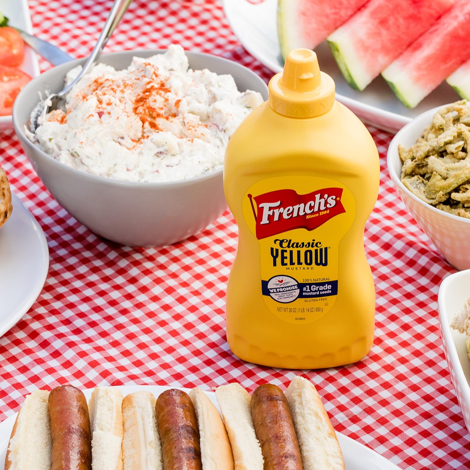 French's Classic Yellow Mustard, 30 oz – Allergen-Conscious Condiment Safe for School Lunches and Family Gatherings