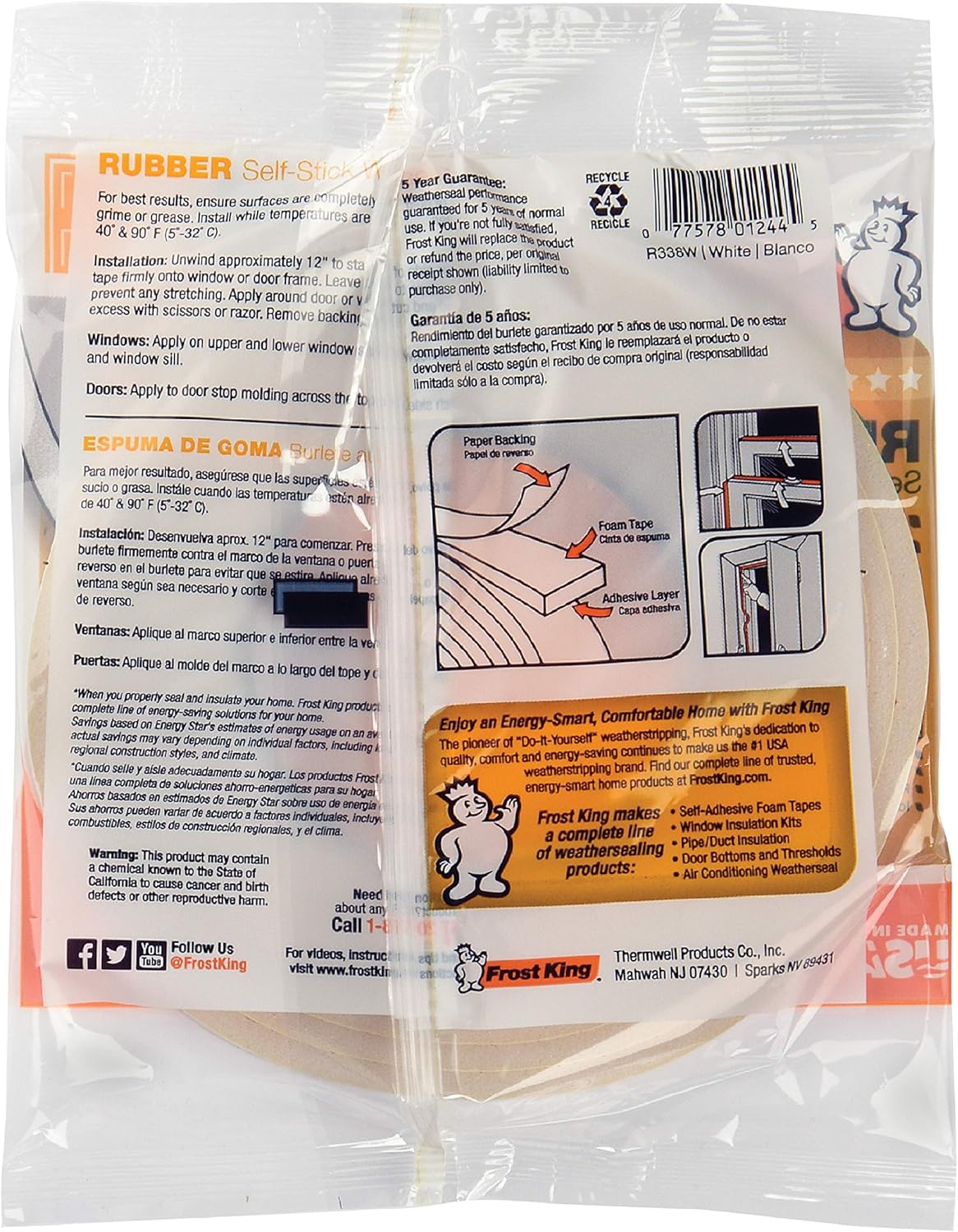 Frost King R338H Slim 3/8" Foam Weatherstripping, Tool-Free Installation for Intentional, Minimalist Home Upgrades